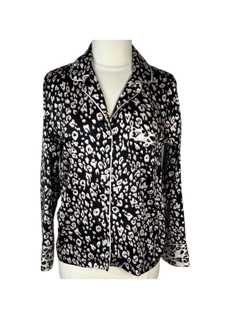 Victorias Secret Sleep Pajama Top Silky Womens Small Black Pink Button Front